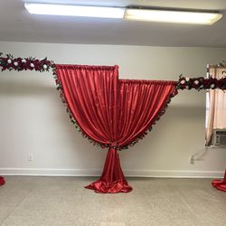 Wood Decore For A Quienceñera Or Birthday Prop. Red Silk Backdrop Curtains With Red And White Roses 