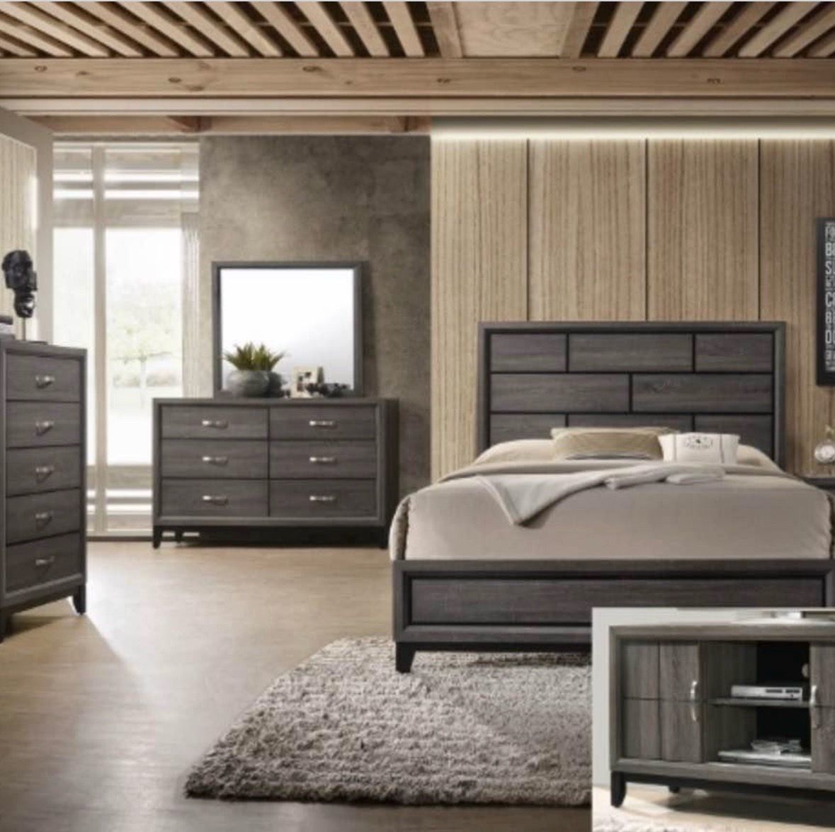 4- Pc Bedroom set Dresser,Mirror Nightstand (1) Queen size bed frame Not including Mattress and Box Sp
