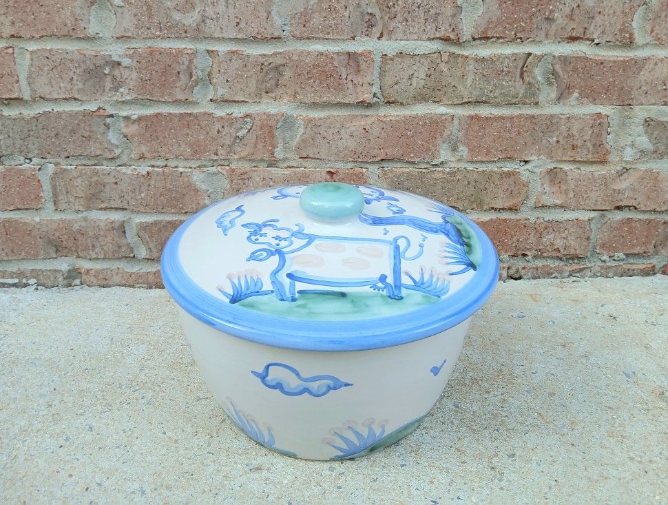 Vintage M.A. Hadley Country Scene Blue Large Tureen/Baker & Lid