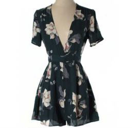 ASTR The Label Deep V Neck Teal Multi Floral Print Romper Size XS