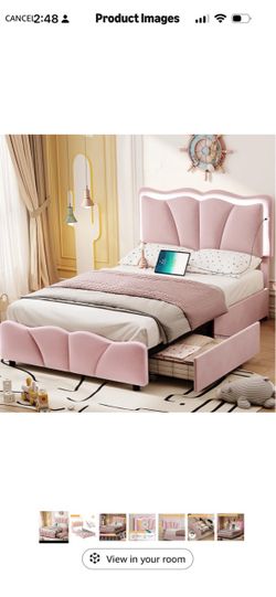 Pink Upholstered Kids Bed with LED Headboard and Drawers