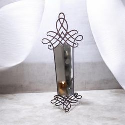 Vintage Gothic Wrought Iron Cross Wall Sconce Mirror – Scrollwork Candle Holder