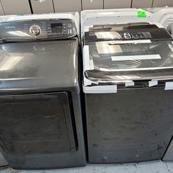 New Samsung ActiveWash Large Capacity Top Loading Washer And Used Gas Dryer Set In Black 