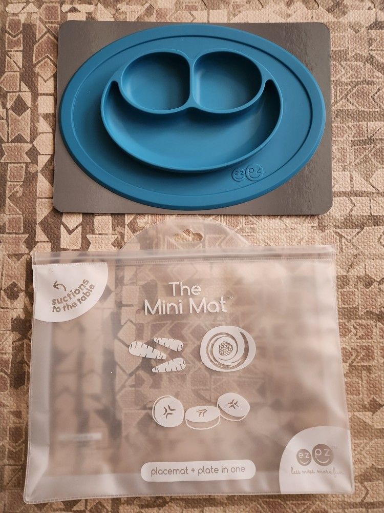 EZPZ Mini Mat 100% Silicone Suction Baby Plate With Placemat - Blue