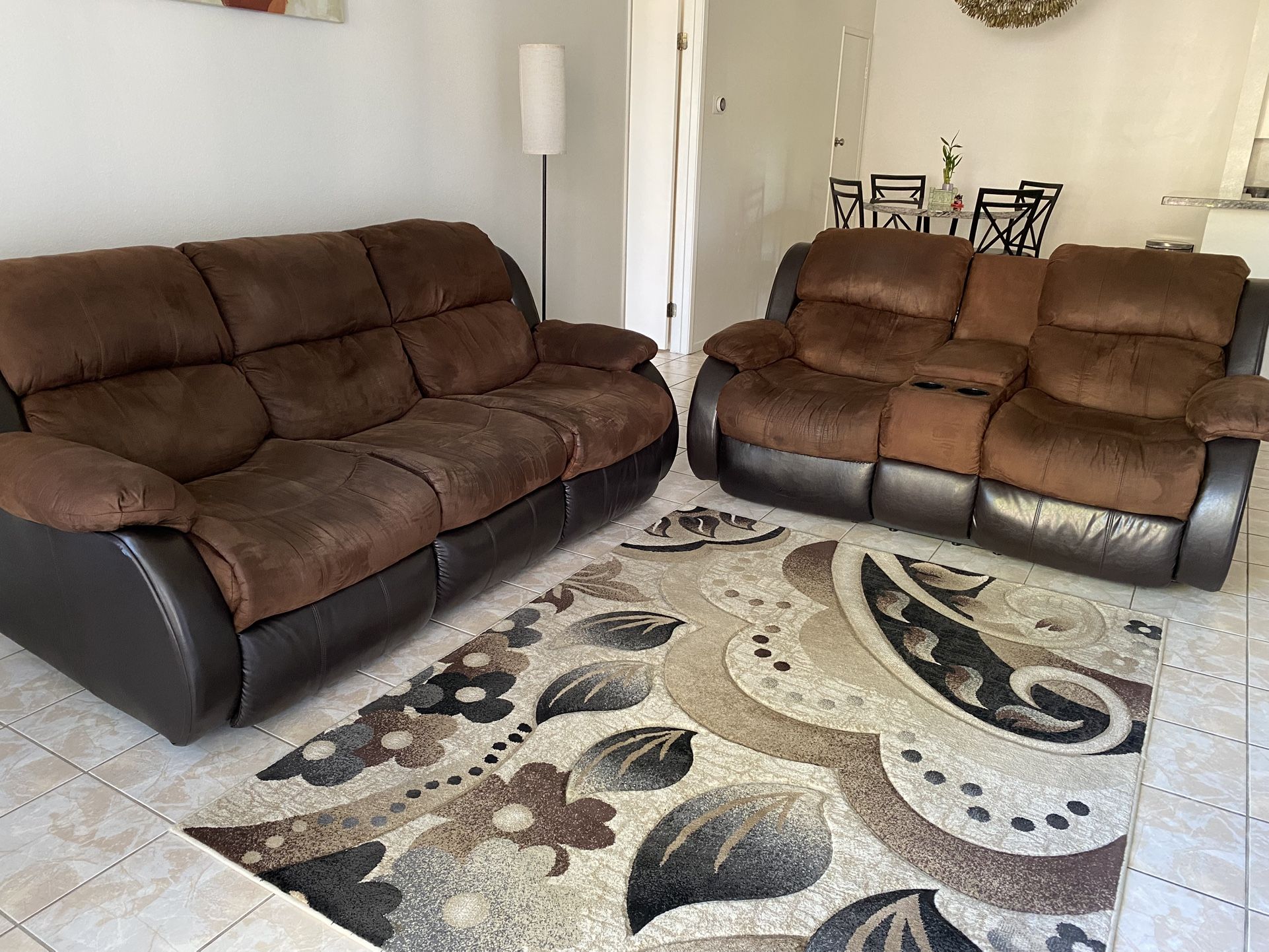 Reclining Sofa and Loveseat Set with Cup Holders & Storage with 4 Recliners in Chocolate Suede & Espresso Leather