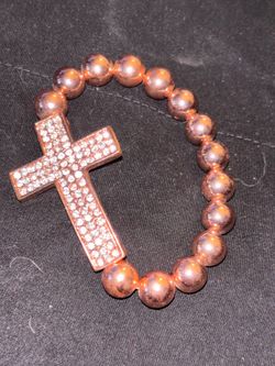 Rose Gold Tone Rhinestone Cross Beaded Bracelet
