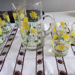 Vintage 1960’s Culver Glassware Yellow Mod Flowers Picket Fence