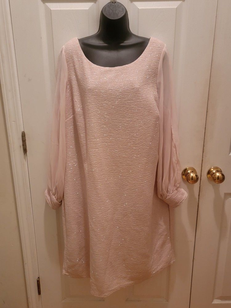 Scarlett Glittered Champagne Sheath Dress with Slit Style Long Sleeves- Size 18W