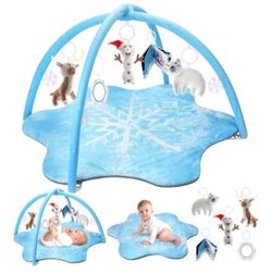 Baby Play Gym Mat with 5 Sensory Toys, Frozen Winter-Themed Development Mat for Newborn to 18 Months, White