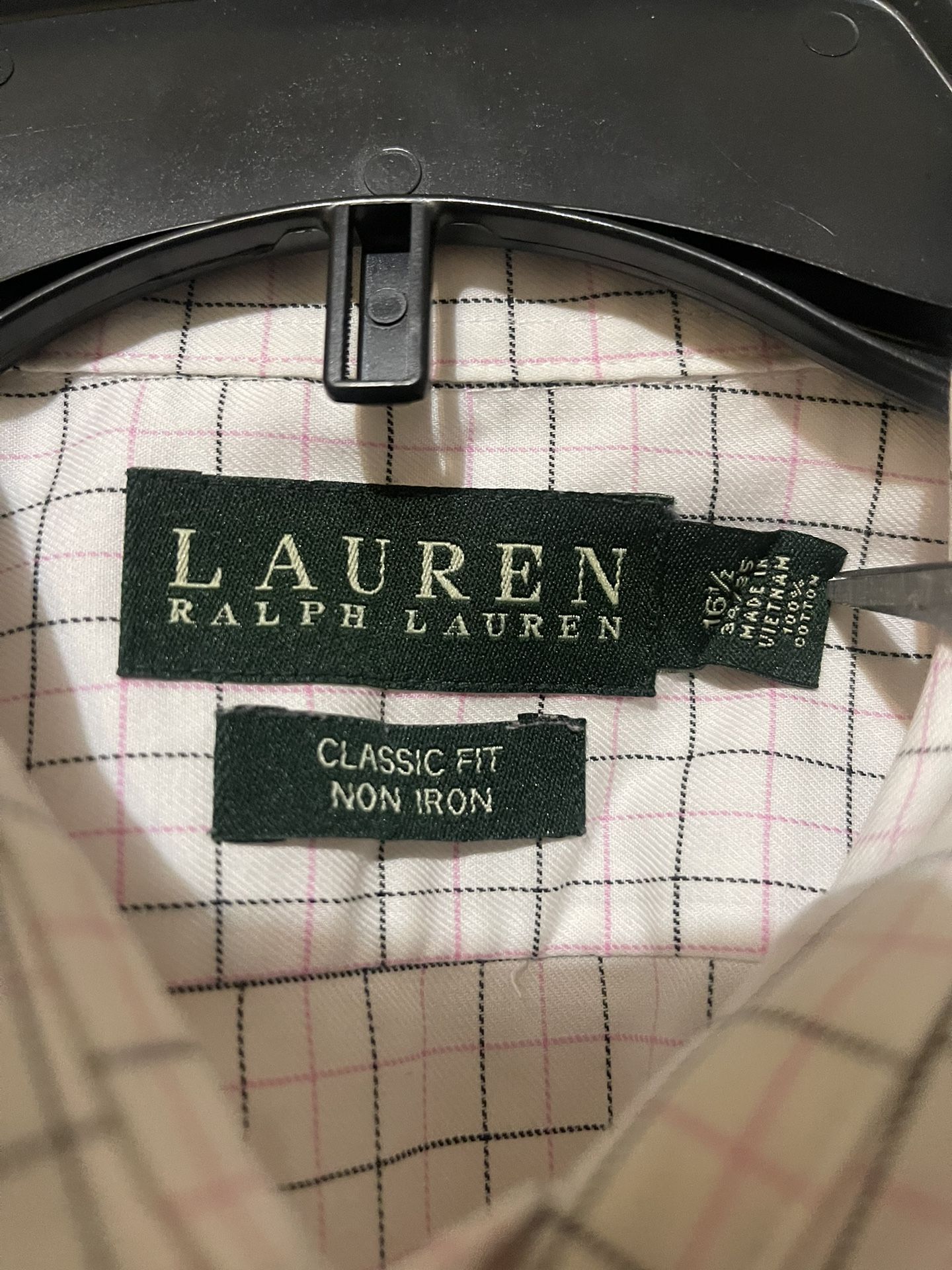 Lauren Ralph Lauren pink Black plaid men’s buttons down shirt size 16.5 (34-35)