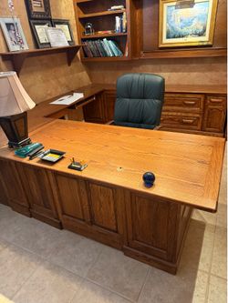 Oak Executive Desk w/ Green Leather Chair