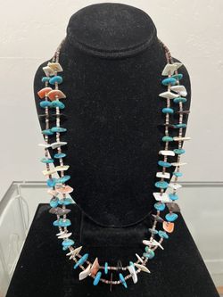Vintage Double Strand Sterling Silver Turquoise Spiny Oyster and Heishi Pen Shell Necklace 26 1/2” Long