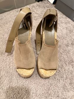 MUST GO! Beige Espadrille Wedge Heels with Ankle Strap - size 7.5