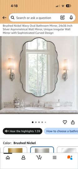 Brushed Nickel Wavy Oval Bathroom Mirror, 24x36 Inch Silver Asymmetrical Wall Mirror, Unique Irregular Wall Mirror with Sophisticated Curved Design