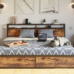 King Bed Frame with Storage Drawer & Charging Headboard in Vintage Brown