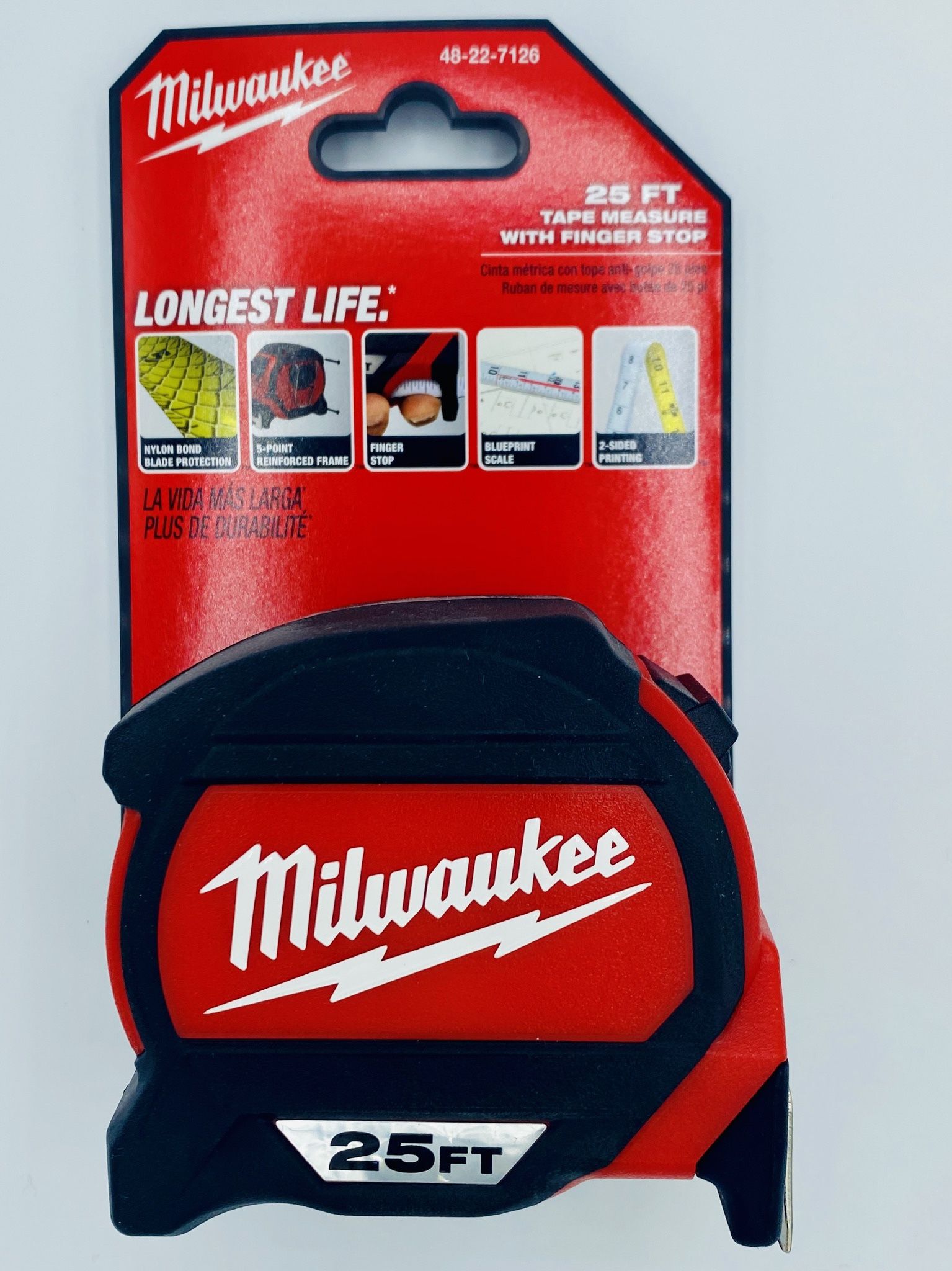 Milwaukee 25FT Tape Measure β Finger Stop, Shockproof, Non-Magnetic β 48-22-7126