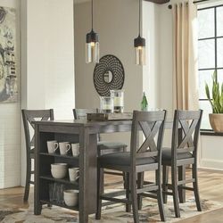 👑 Dining Set 5 Pc, Counter Height, Dark Gray, Fabric Upholstery, New In The Box.