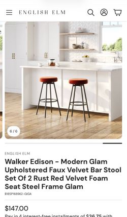 Walker Edison - Modern Glam Upholstered Faux Velvet Bar Stool Set Of 2 Rust Red Velvet Foam Seat Steel Frame Glam