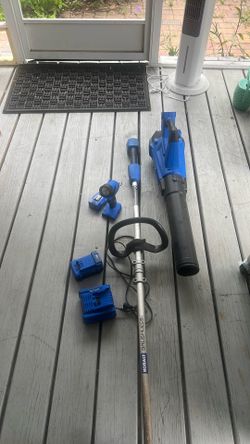Kobalt brushless leaf blower and weedeater. Also includes flashlight and USB charger.