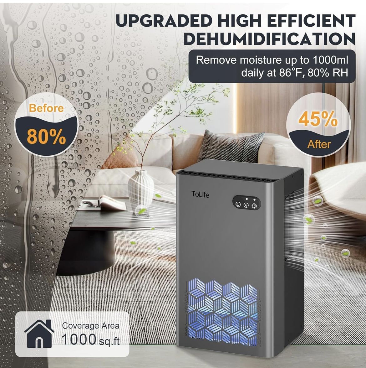 1000 sq.ft Dehumidifier for Basement Bedroom Bathroom with Auto Shut Off 7 Colors LED Light