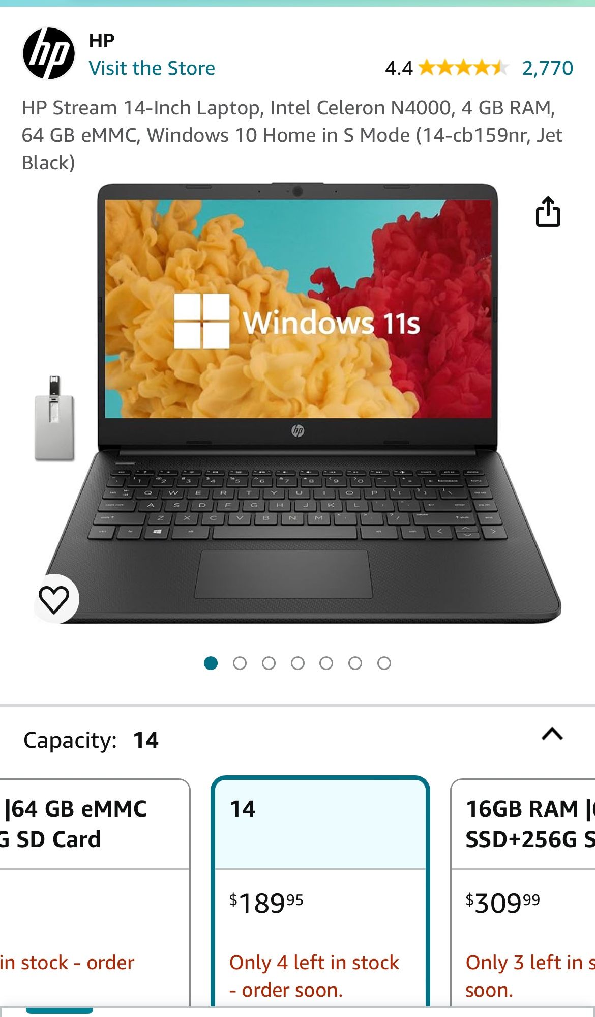 HP Stream 14-Inch Laptop, Intel Celeron N4000, 4 GB RAM, 64 GB eMMC, Windows 10 Home in S Mode (14-cb159nr, Jet Black)
