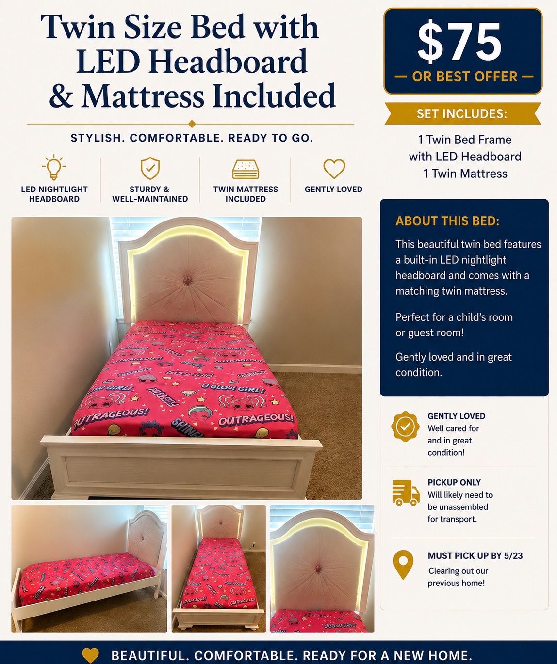 Twin Size Bed w/ LED Headboard + Mattress Included