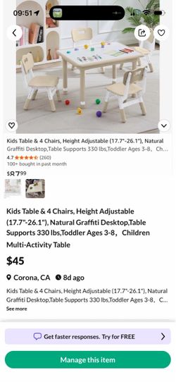 Kids Table & 4 Chairs, Height Adjustable (17.7"-26.1"), Natural Graffiti Desktop,Table Supports 330 lbs,Toddler Ages 3-8，Children Multi-Activity Table