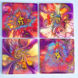 Handmade Set of 4 Fluid Art Coaster Tiles