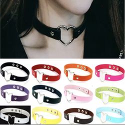 Leather Heart Choker Collar Punk Goth Adjustable Rivet Necklace Love O-Ring