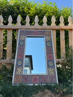 Pier 1 One Patchwork Hand-Carved Painted Wooden Wall Mirror Cottage 90s