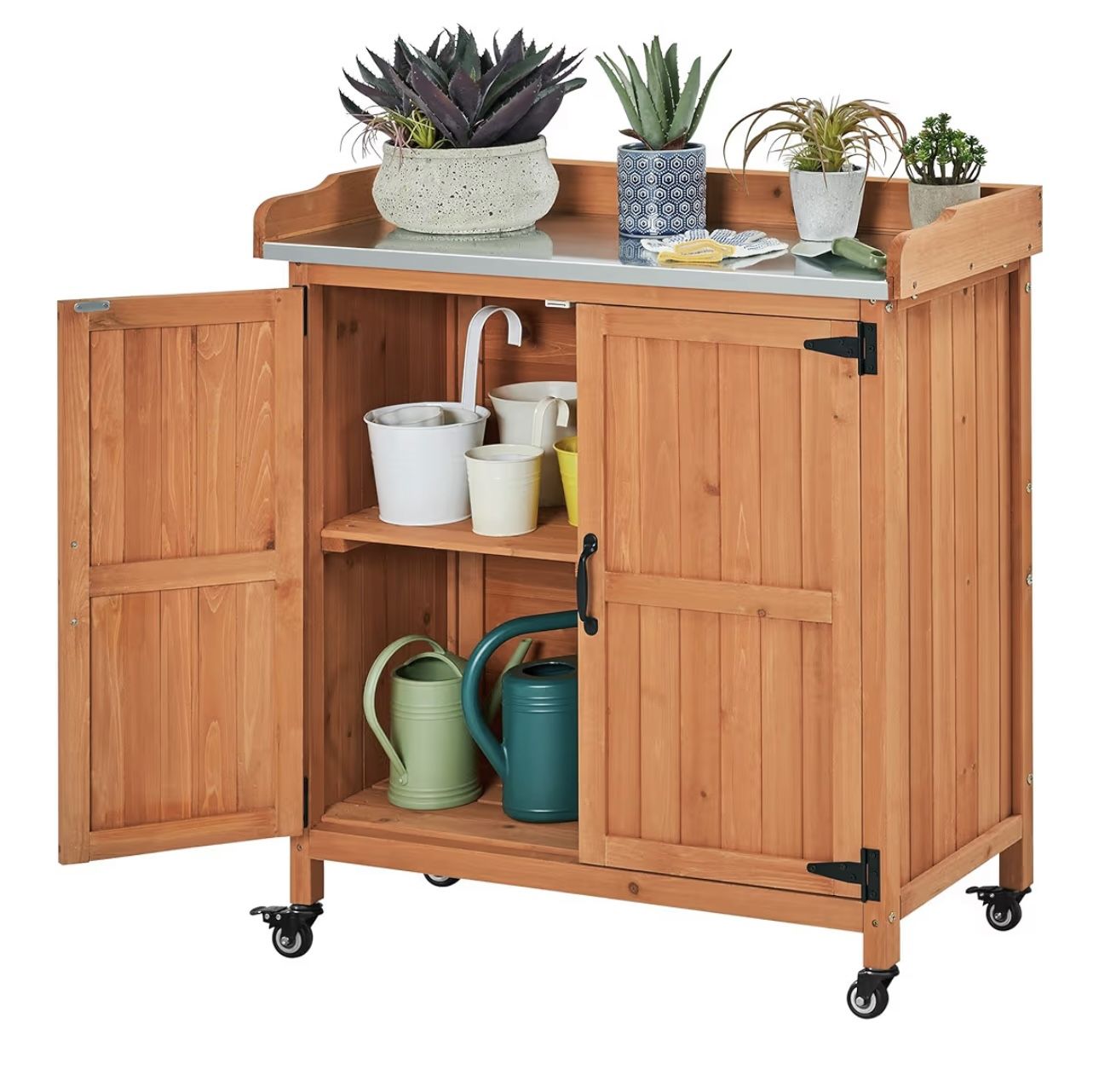 Garden Potting Bench Table - Outdoor Garden Patio Wooden Storage Cabinet & Solid Wood Planting Work Bench with Large Space Storage & Metal-Plated Tabl