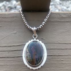 Beautiful Large Vintage Sterling Silver (.925) Ocean Jasper Statement Pendant On 16.5” Beaded Chain-27.7 Grams