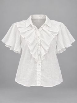 White Ruffle-Front Button-Up Blouse
