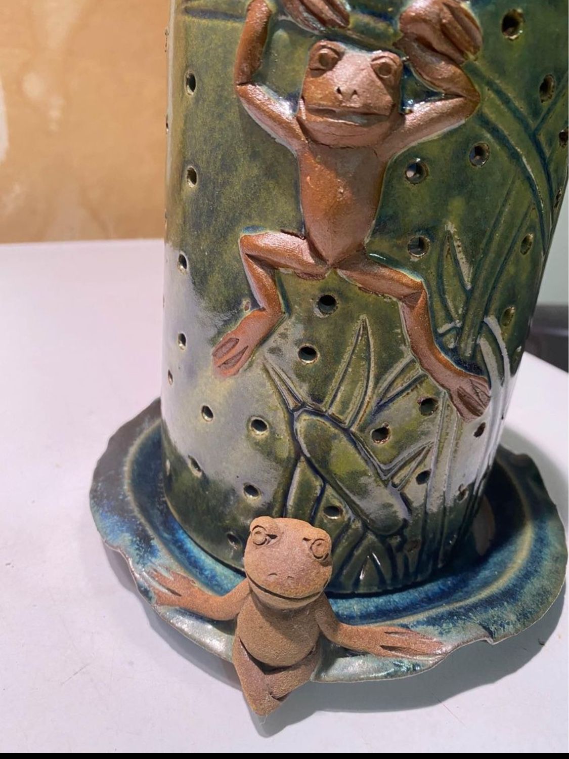 Gorgeous ceramic Collectable.  Orchid Pot (2) piece Green with Frogs 10 inches tall or can be used as a  Candle holder with see through holes.