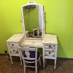 Vintage Wooden Vanity With Mirror and Chair