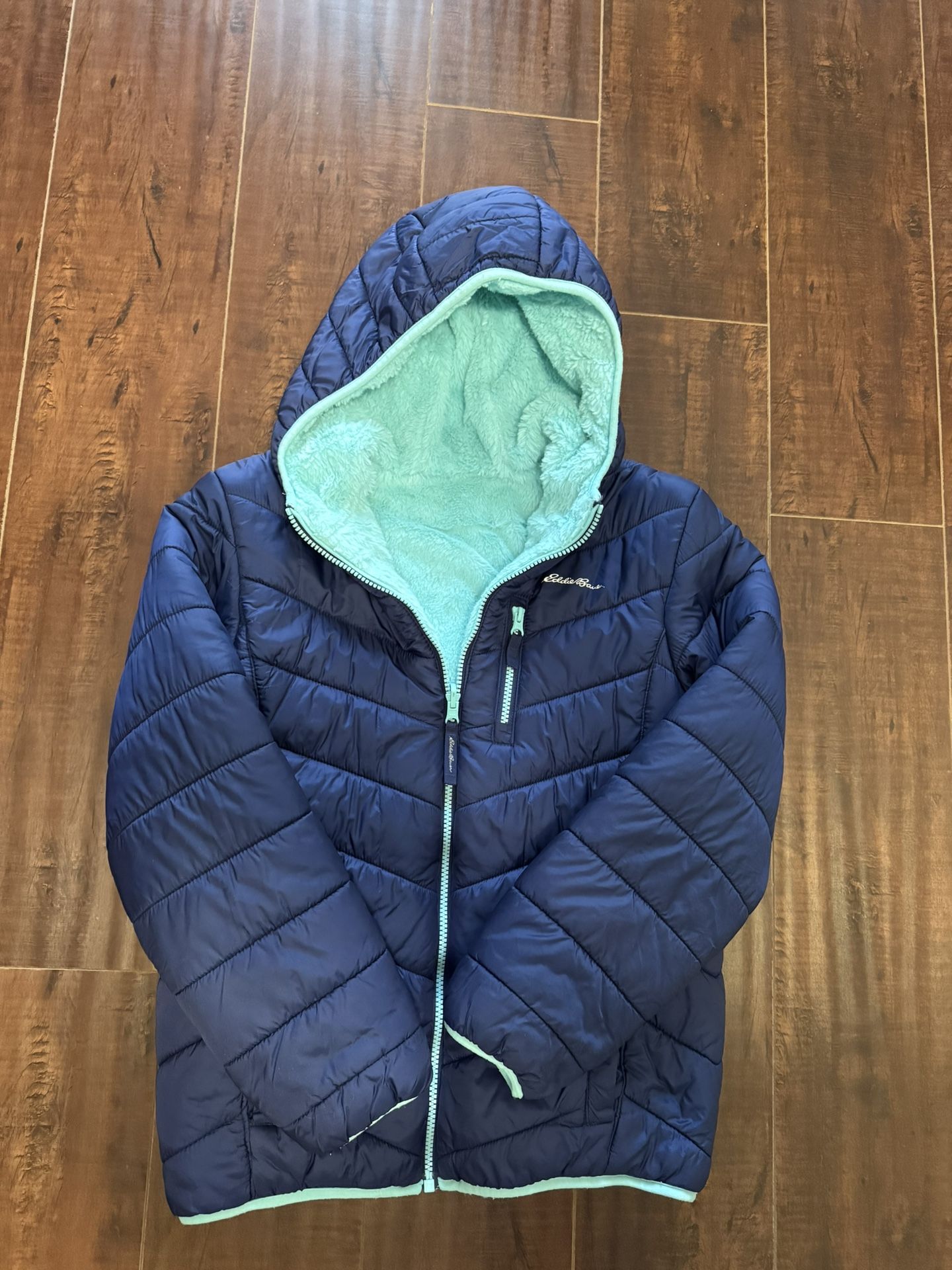 Girl's Puffer Hooded Jacket Waterproof Reversible, L 14/16