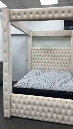 Soft Velvet upholstery Canopy Queen Bed/Bedroom Set w/USB ports at sides on Sale