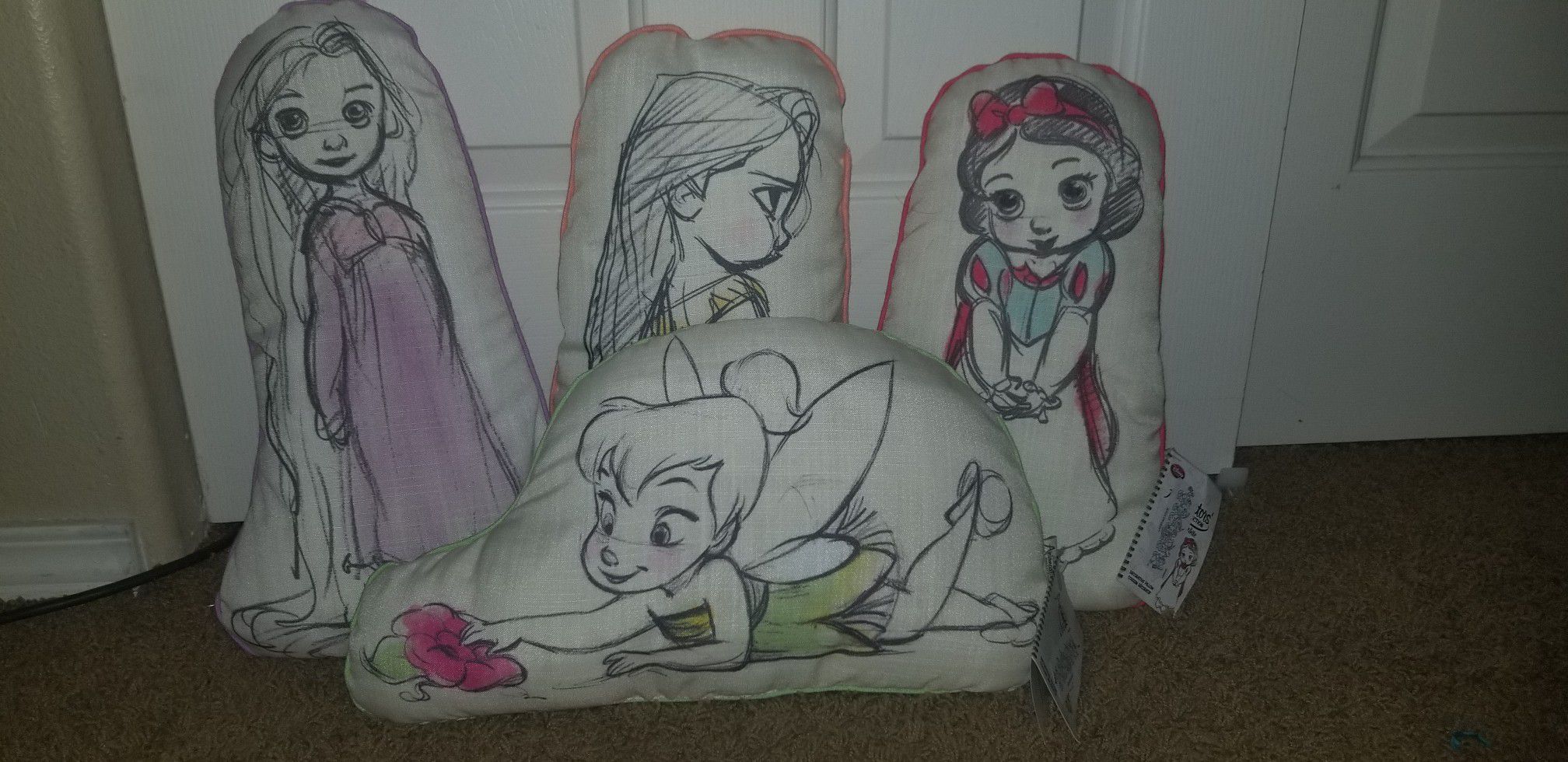 disney princess pillows. rapunzel, snowwhite, tinkerbell, and pocahntas
