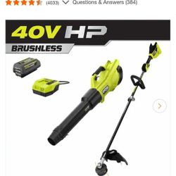 Ryobi 40V Brushless Leaf Blower, Carbon Fiber String Trimmer, 4 Ah Battery Charger NEW
