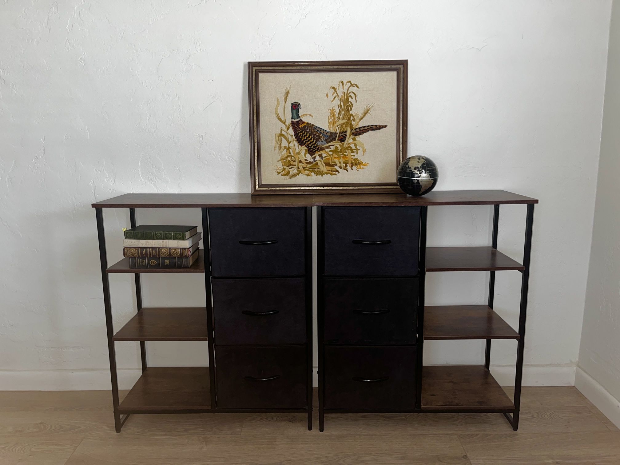 2 storage cabinets with drawers and shelves