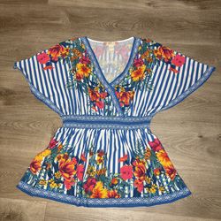 Flying Tomato Floral Boho Top / Mini Dress – Blue Stripe Tropical Print – Women’s S