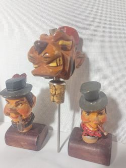 Vintage Hand-Painted Wood Carved Figurines Set of 3