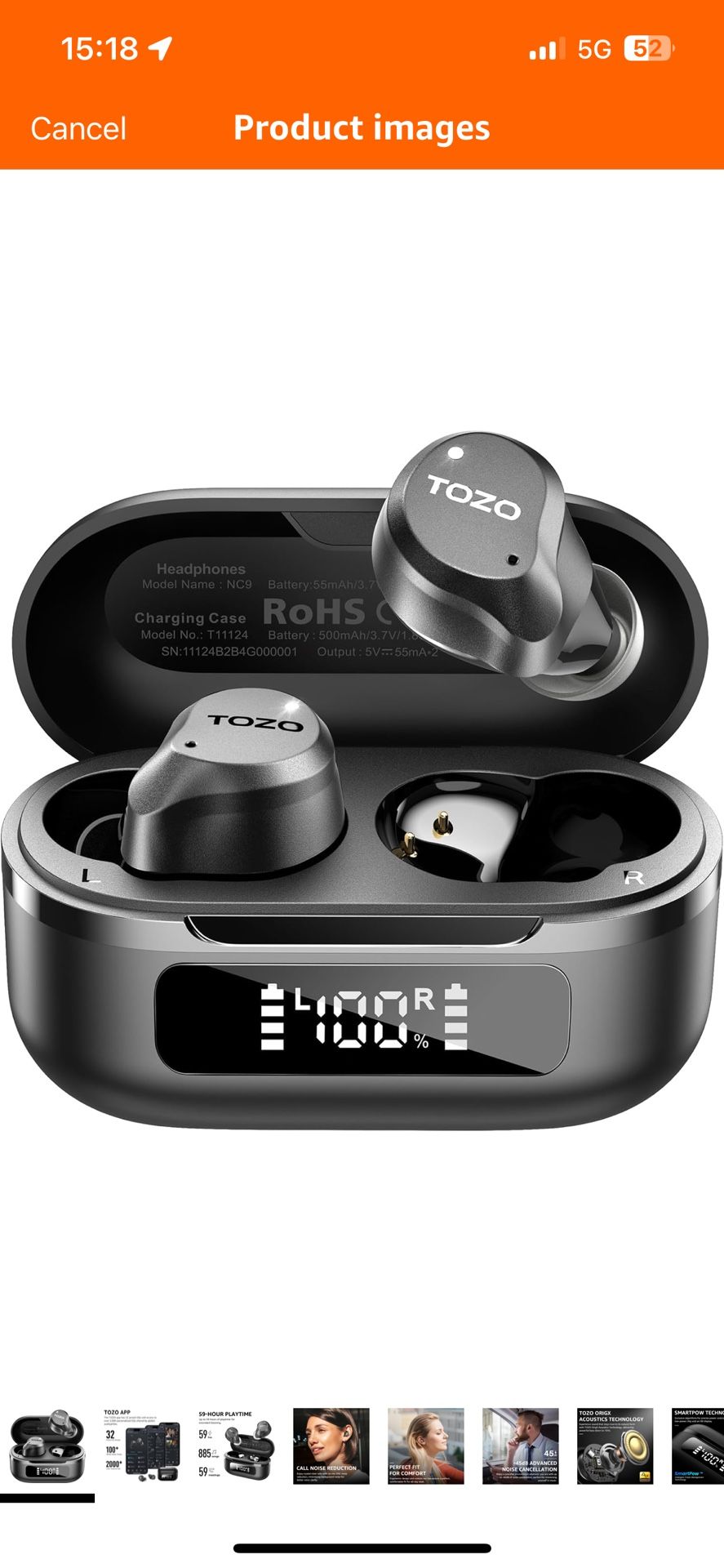 TOZO NC9 Wireless Earbuds in Ear Bluetooth 5.3 Headphones Ear Buds Hybrid Active Noise Cancelling 6 Mics ENC Clear Call IPX8 Waterproof Stereo Bass 59