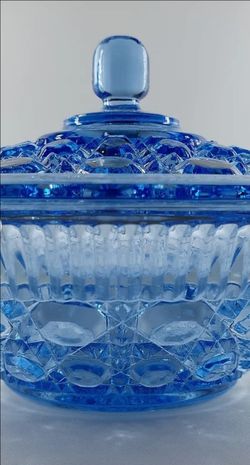 Blue candy Dish Bowl Cover Federal Glass Windsor Button & Canes