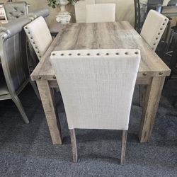 Brand New Natural Dining Table (58"×42"×30"H) + 4 Biege Linen Chairs