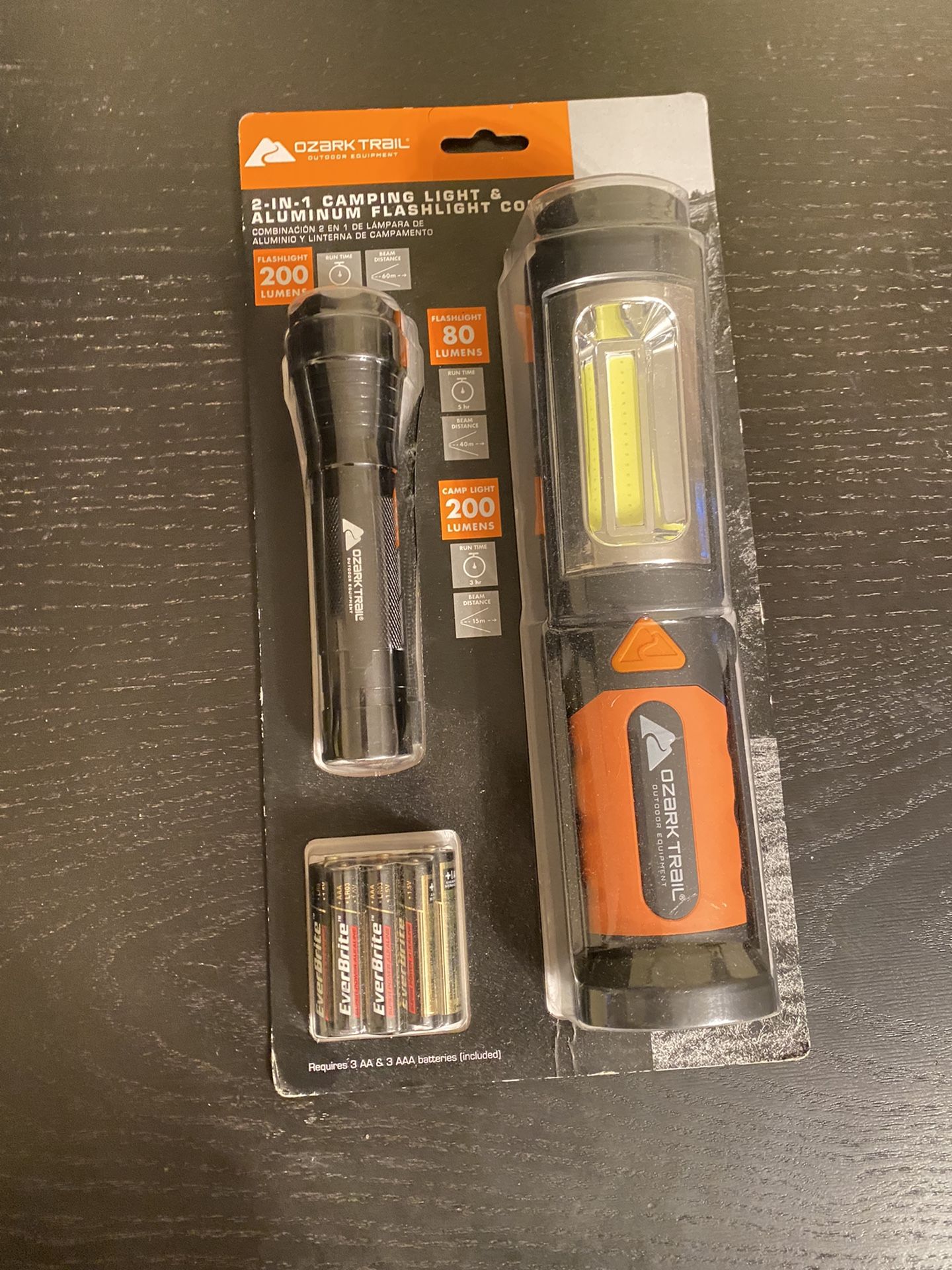 Brand New! Ozark Trail 2PK 2-IN-1 Camping Light & Aluminum Flashlight Combo