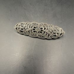 Vintage Art Deco Sterling Silver 925 Marcasite Filigree Bar Brooch Pin 3" Large