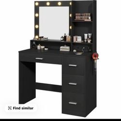 FURMAX Black Vanity Desk with Lights and Mirror Makeup Vanity Table Set with Drawer and Power Outlet