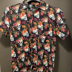 Brooklyn Standard Black Floral Skull Hawaiian Print Button Up Shirt Men’s S Small