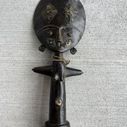 Ashanti Akua’ba Fertility Doll Ghana 14” Wooden Tribal Figure w/ Metal Details on Base